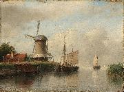 Dutch boats moored on a river beside a windmill Andreas Schelfhout